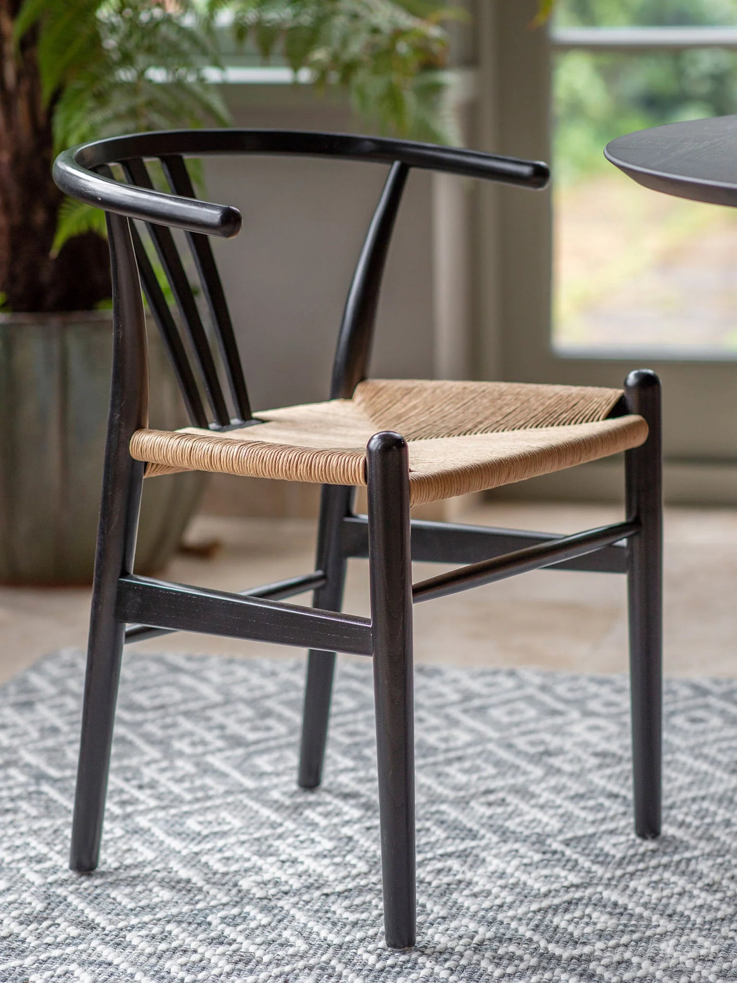 Set of 2 Black Wooden and Wicker Dining Chairs with Wishbone Back