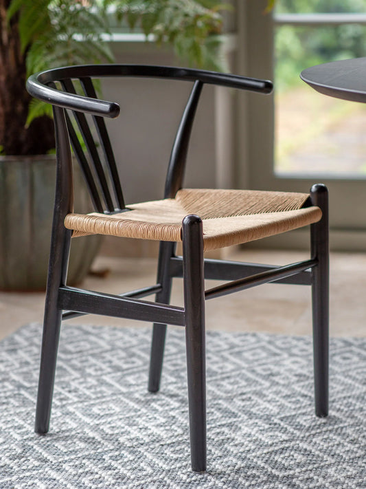 Set of 2 Black Wooden and Wicker Dining Chairs with Wishbone Back